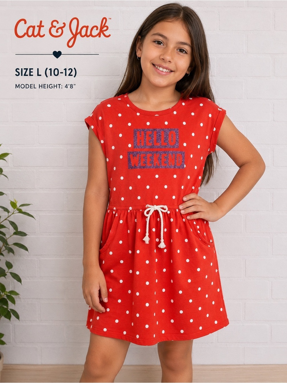 CAT & JACK little girls casual tie waist polka dot dress/ size L 10-12